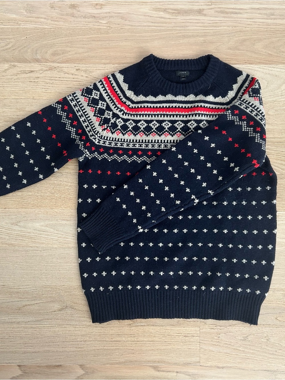J. Crew Navy Crewneck Sweater with White and Red Fair Isle Yoke